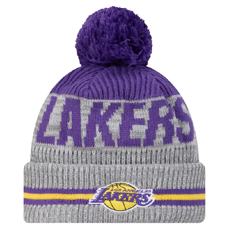 New Era Los Angeles Lakers Gray Sport Night Runner Cuffed Knit With Pom